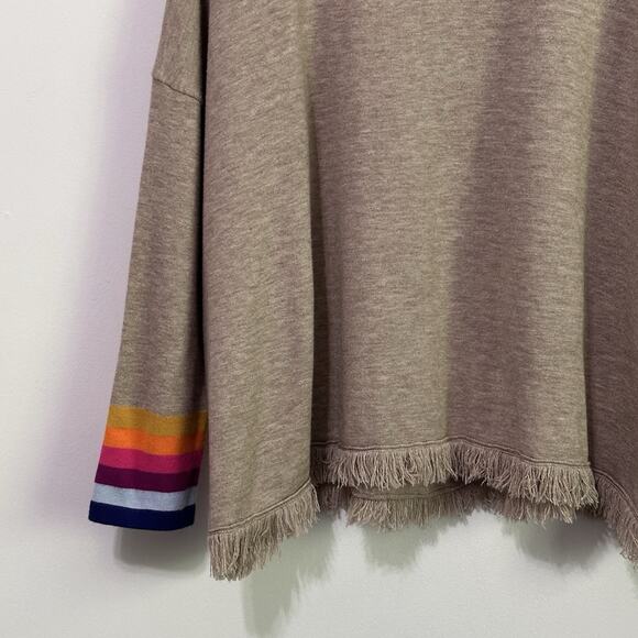 THML Knit Top Sweater M Fringe Trim Tan Pullover Boat Neck Rainbow Stripe Cuff - Picture 4 of 9